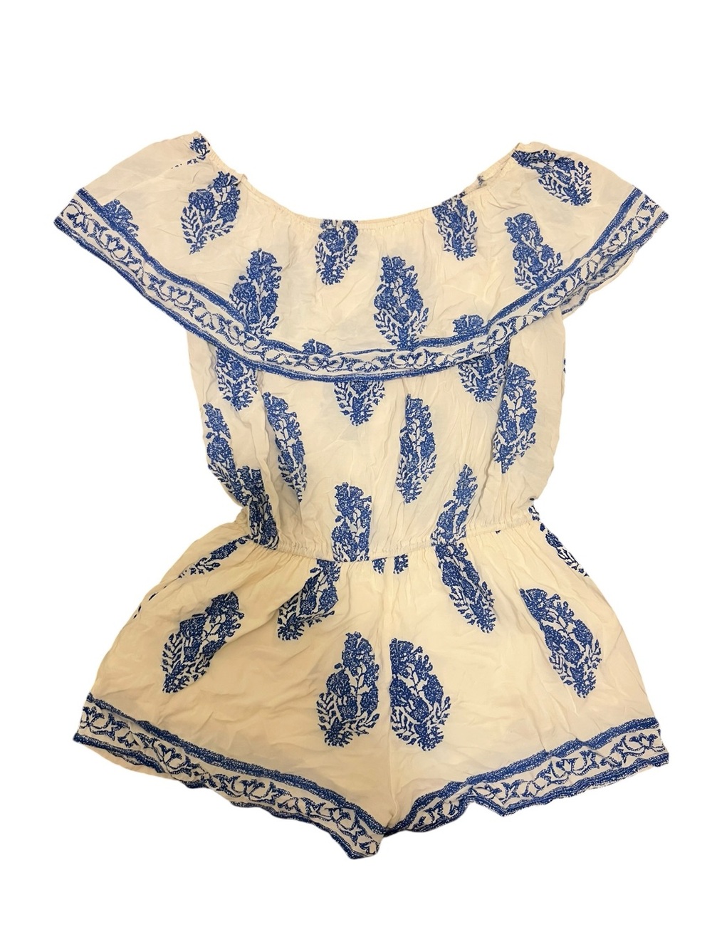 KORI AMERICA Off-the-Shoulder Embroidered Romper White Blue Small